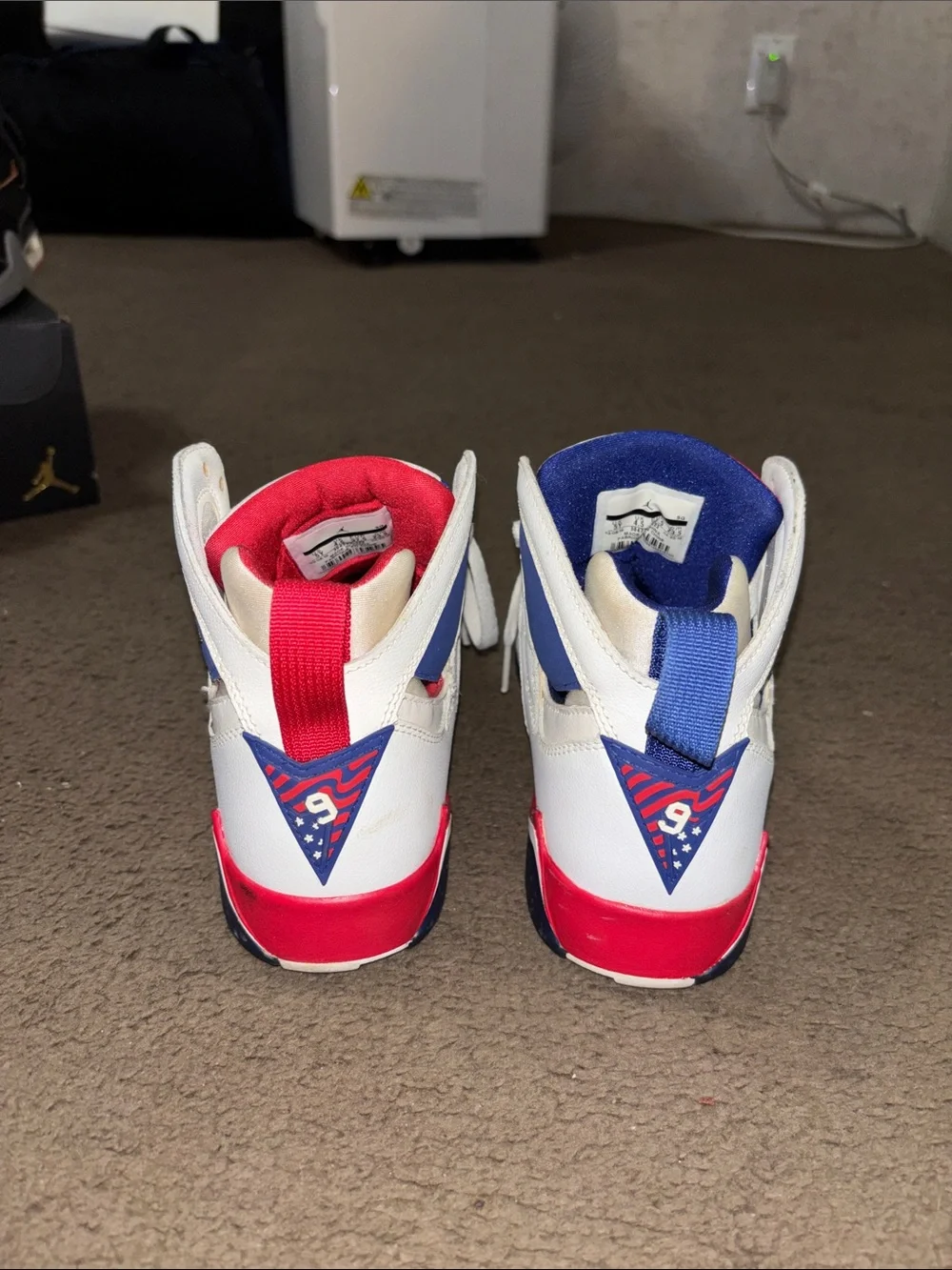 Jordan Kids High-Top Sneakers in White, Blue & Red